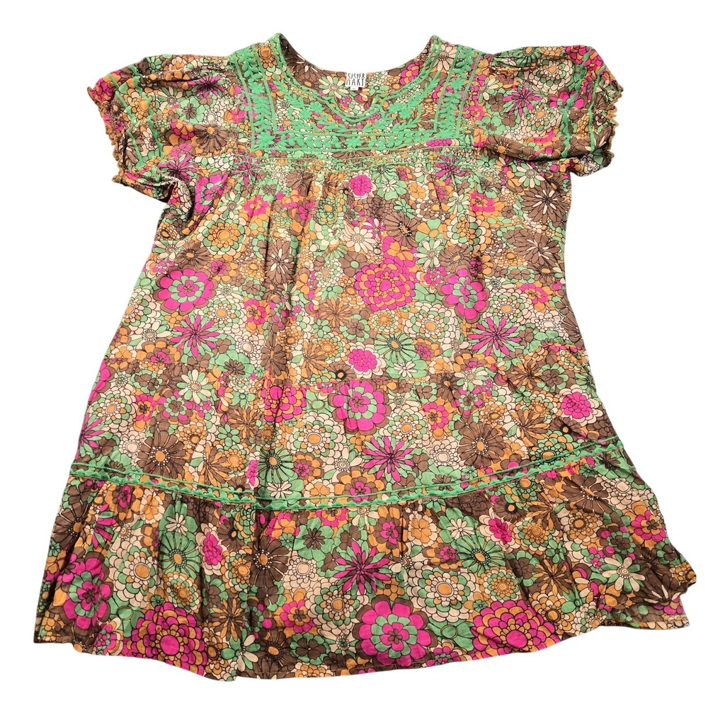 Sister Mary Dress Womens XL Multicolor Floral Embroidered Boho Puff Sleeve Mini